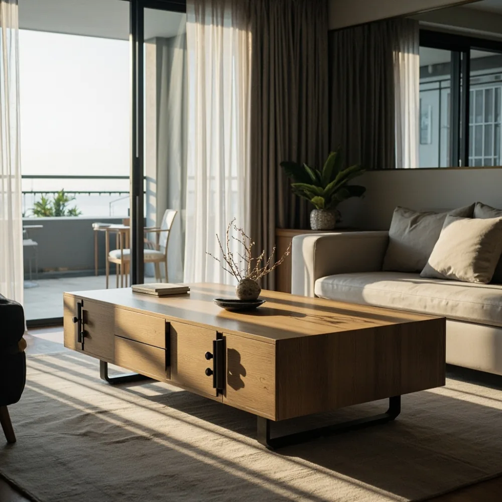 Coffee table Amerika oak moden di ruang tamu kondominium Pulau Pinang