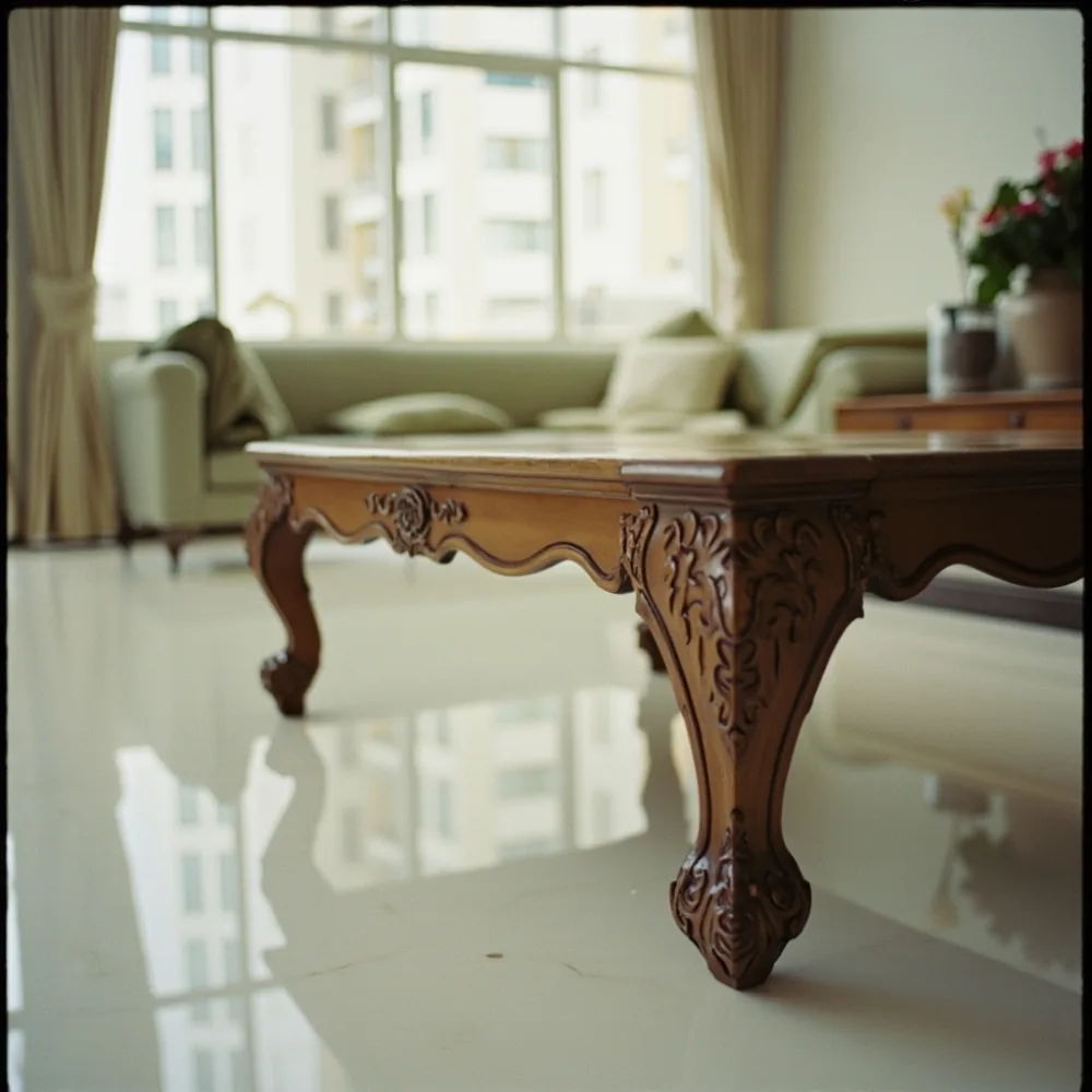 Coffee table kayu pepejal gaya Perancis dalam ruang tamu kondominium Kuala Lumpur