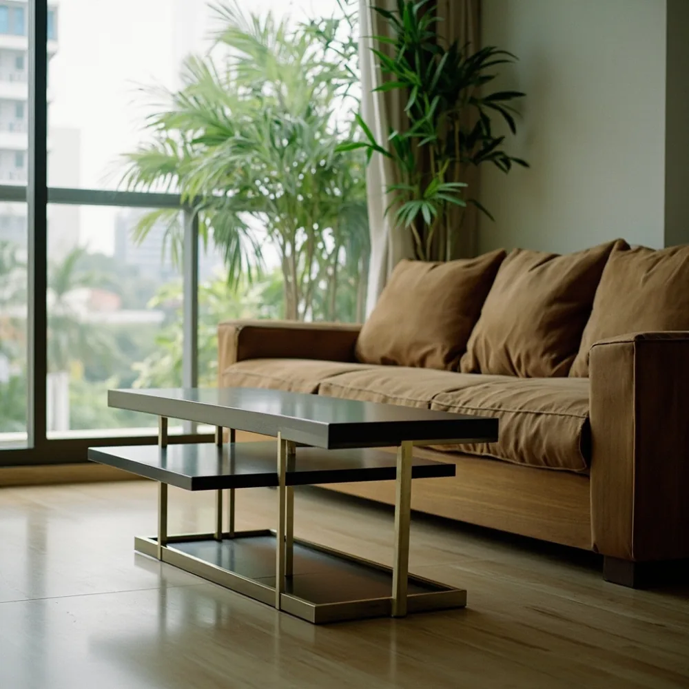 Coffee table postmoden dengan kaki keluli di kondominium Pulau Pinang