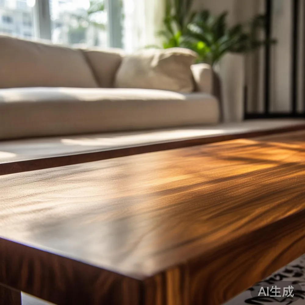 Coffee table walnut gaya Amerika di ruang tamu teres Johor Bahru