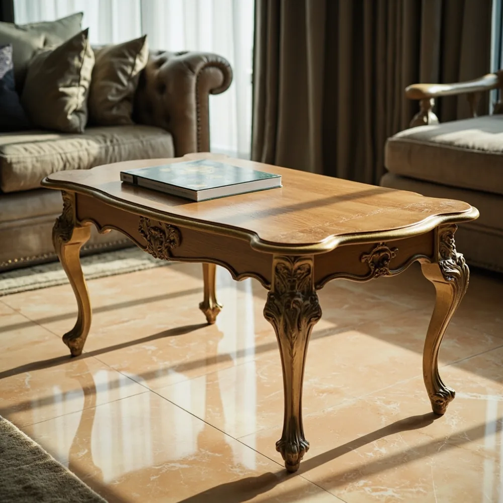 Coffee table mewah gaya Perancis kayu oak pepejal 120x60x45 cm untuk kondominium Kuala Lumpur