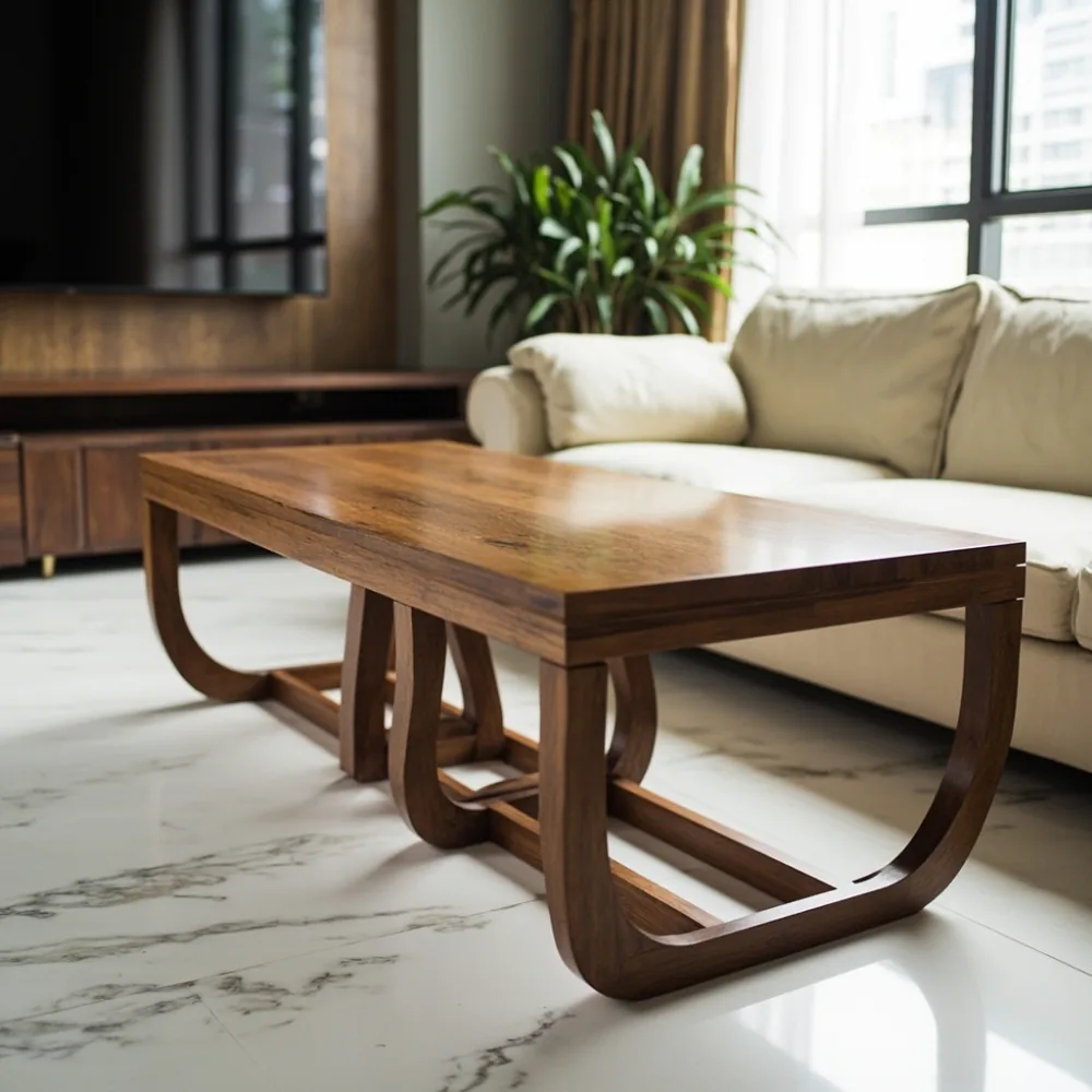 Coffee table my mewah Perancis walnut dalam ruang tamu kondominium KL dengan lantai marmar dan sofa krim, cahaya tingkap lembut