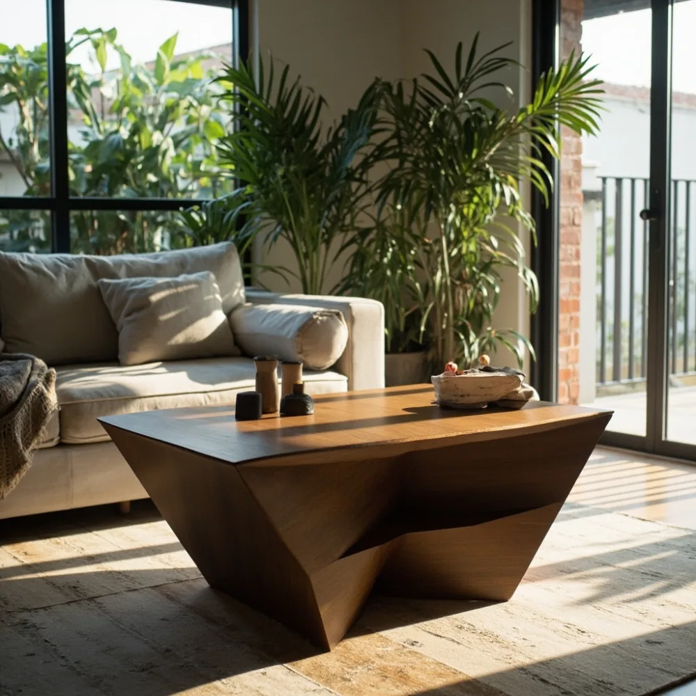 Coffee table my postmoden geometri kayu nyatoh matte dalam ruang tamu teres JB dengan tanaman tropika di tepi tingkap