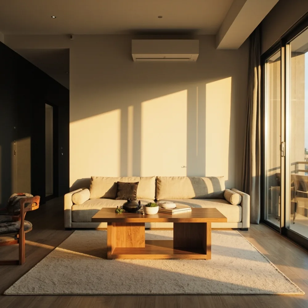 Coffee table my mewah Amerika profil tebal kayu oak dalam kondominium Pulau Pinang dengan siling tinggi dan cahaya keemasan