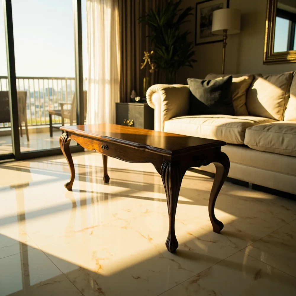 Coffee table mewah gaya Perancis kayu pepejal dalam kondominium Kuala Lumpur dengan cahaya semula jadi petang