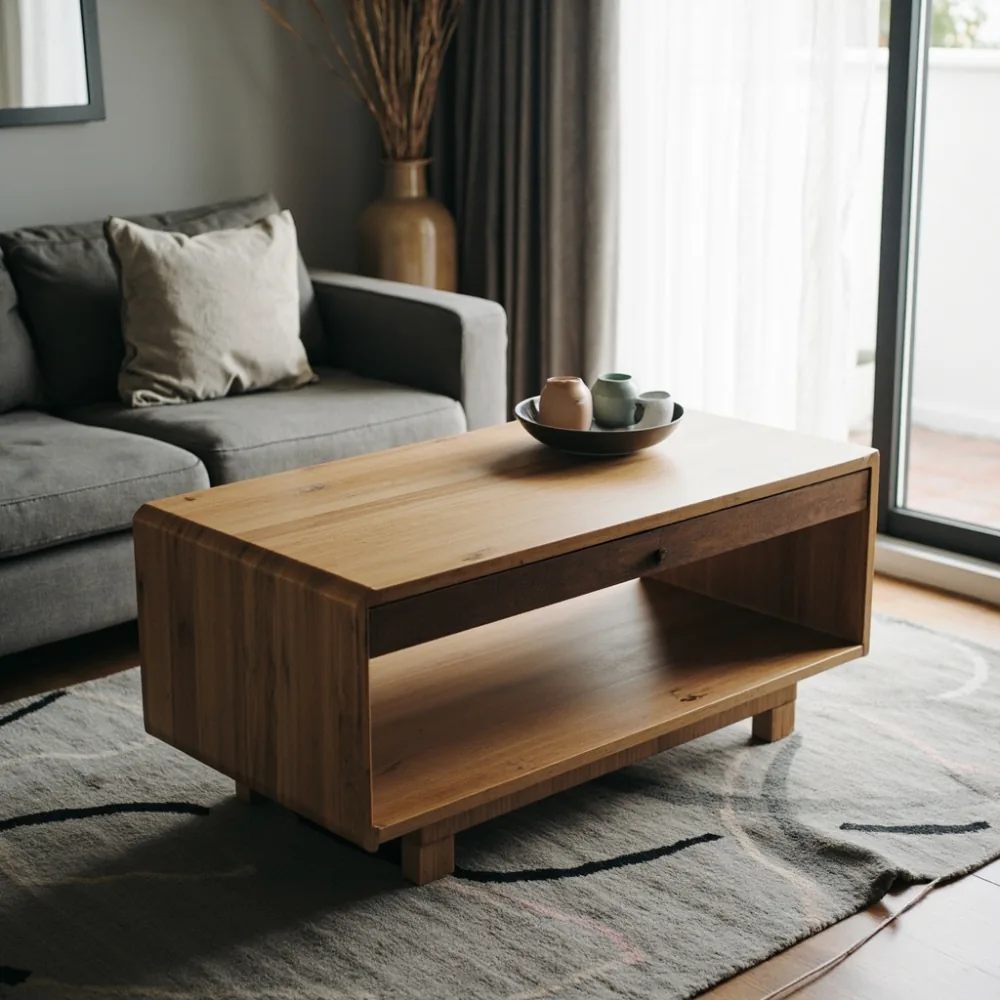 Coffee table gaya Amerika kayu pepejal dalam ruang tamu teres Johor Bahru dengan cahaya lembut