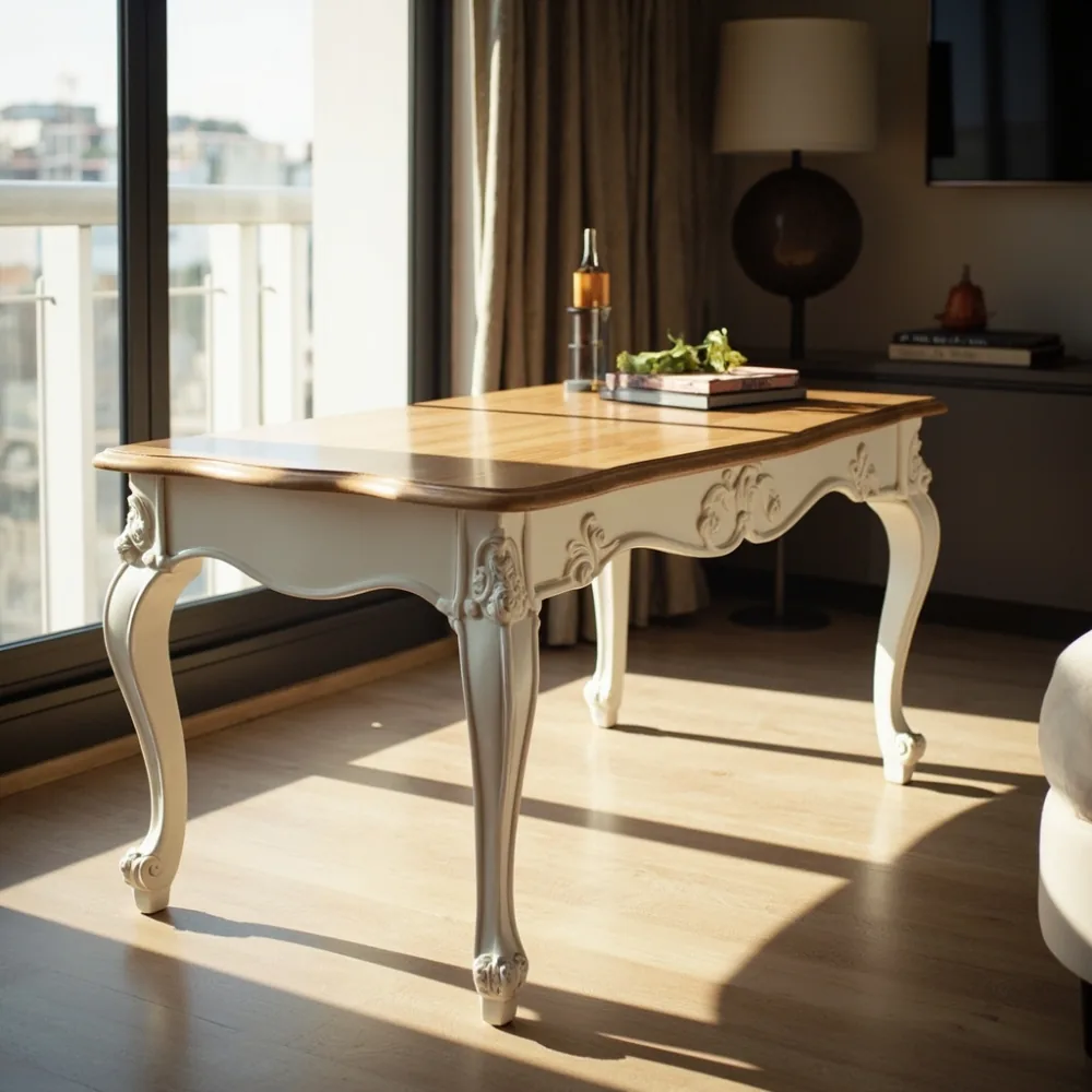 Coffee table my gaya mewah Perancis di kondominium Kuala Lumpur dengan kemasan ivory dan kaki cabriole