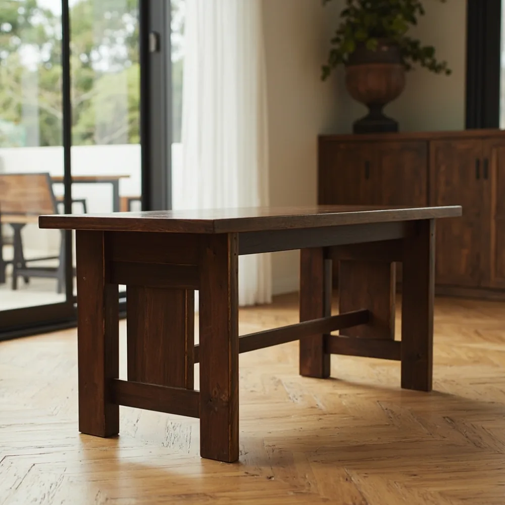 Coffee table my gaya mewah Amerika di teres Johor Bahru dengan kayu walnut gelap dan reka bentuk Mission