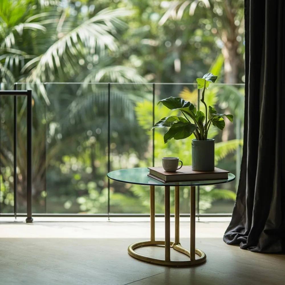 Coffee table my postmoden dengan kaki emas dan permukaan kaca bulat di kondominium Pulau Pinang