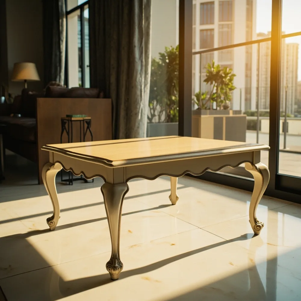 Meja kopi gaya Perancis kayu oak pepejal di kondominium Kuala Lumpur dengan kemasan lacquer cream patina
