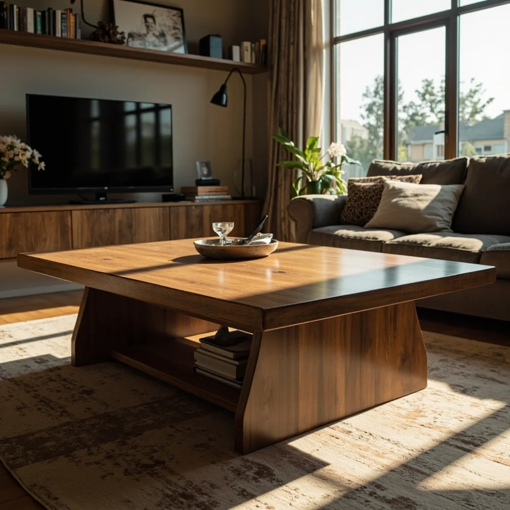 Meja kopi gaya Amerika kayu walnut pepejal 130 x 80 cm di rumah teres Johor Bahru