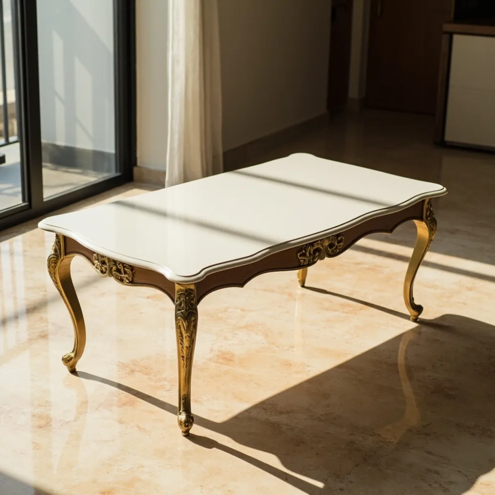 Coffee table my kayu pepejal gaya Perancis mewah di ruang tamu kondominium Kuala Lumpur dengan lantai marmar beige