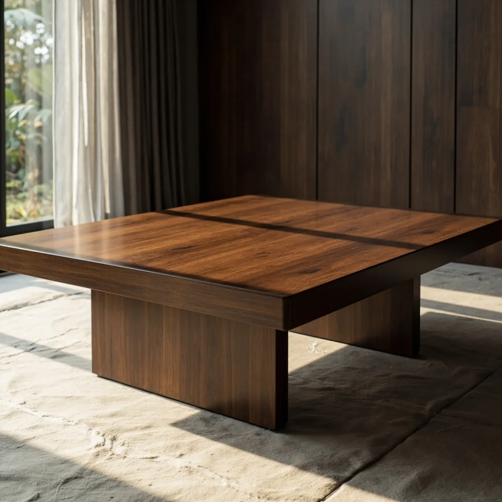 Coffee table my kayu walnut pepejal gaya Amerika mewah di ruang tamu teres Johor Bahru dengan dinding kayu gelap