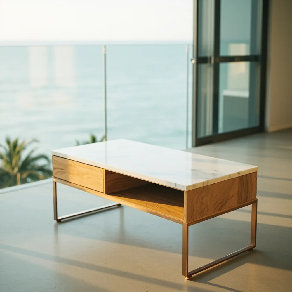 Coffee table my postmoden kayu pepejal dengan paparan marmar Carrara di balkoni kondominium Pulau Pinang menghadap laut