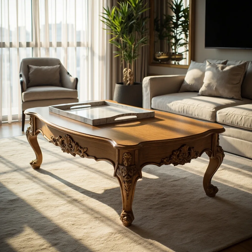Coffee table kayu pepejal mewah gaya Perancis dengan kaki cabriole dan dulang marmar di ruang tamu kondominium Kuala Lumpur