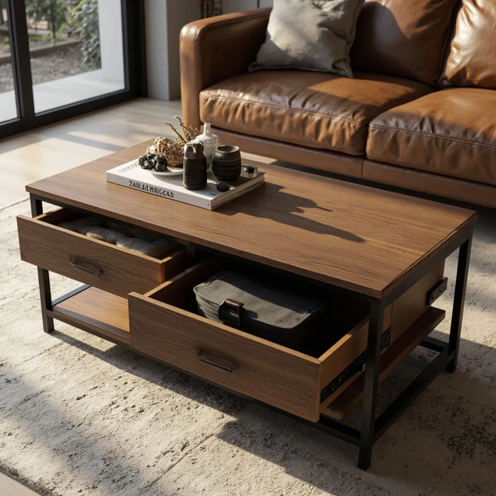 Coffee table kayu pepejal mewah gaya Amerika dengan kemasan walnut dan simpanan tersembunyi di ruang tamu teres Johor Bahru
