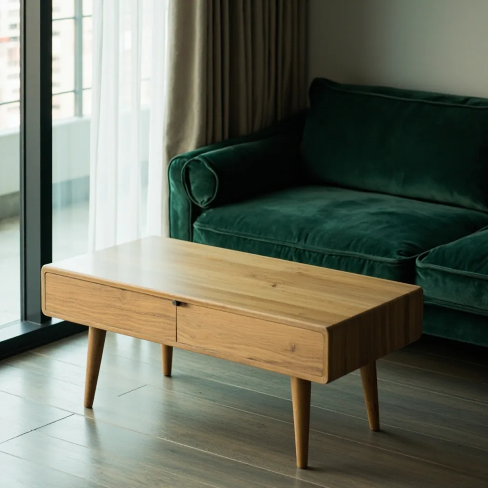 Coffee table kayu pepejal gaya Amerika di ruang tamu minimalis KL