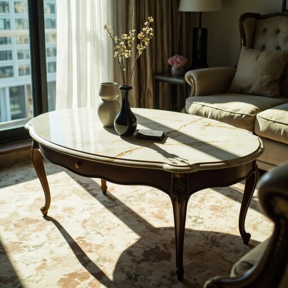 Coffee table mewah gaya Perancis dengan kaki cabriole per marble di ruang tamu kondominium KL