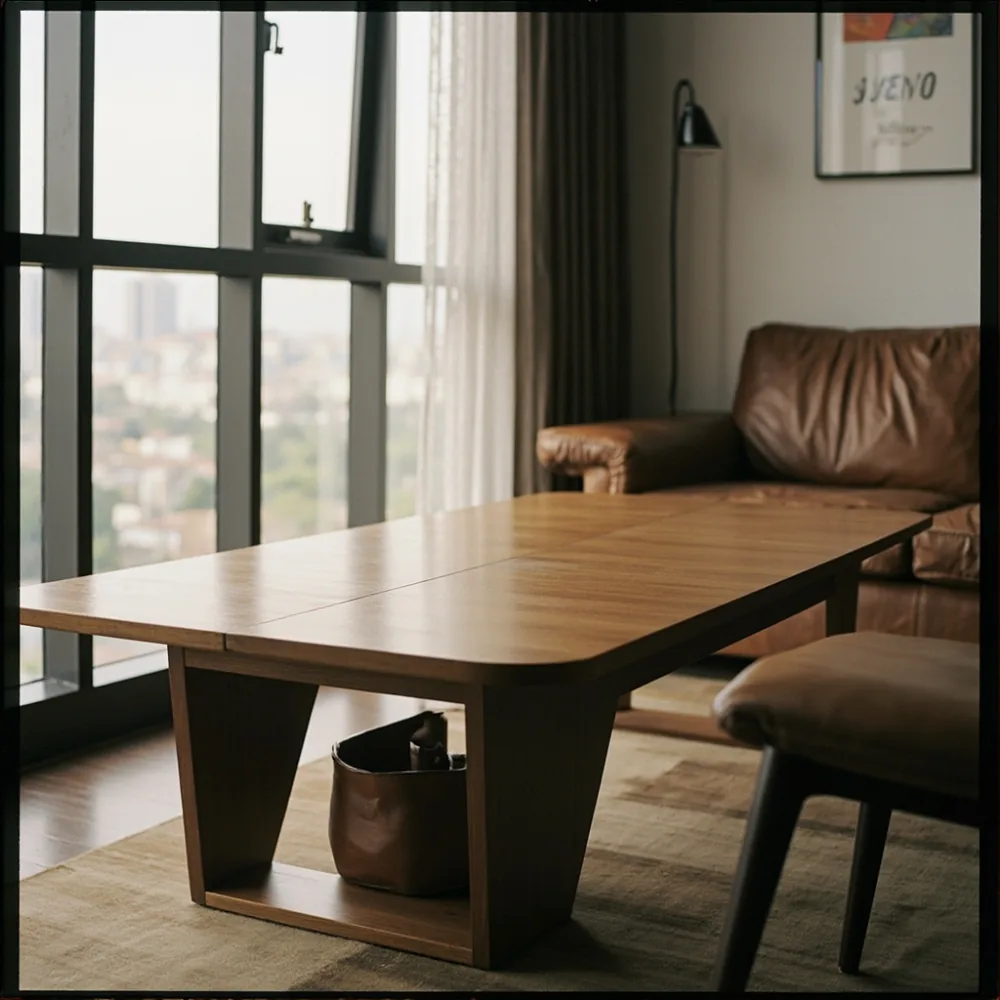 Coffee table kayu pepejal gaya mewah Amerika dengan sofa kulit di kondominium Pulau Pinang