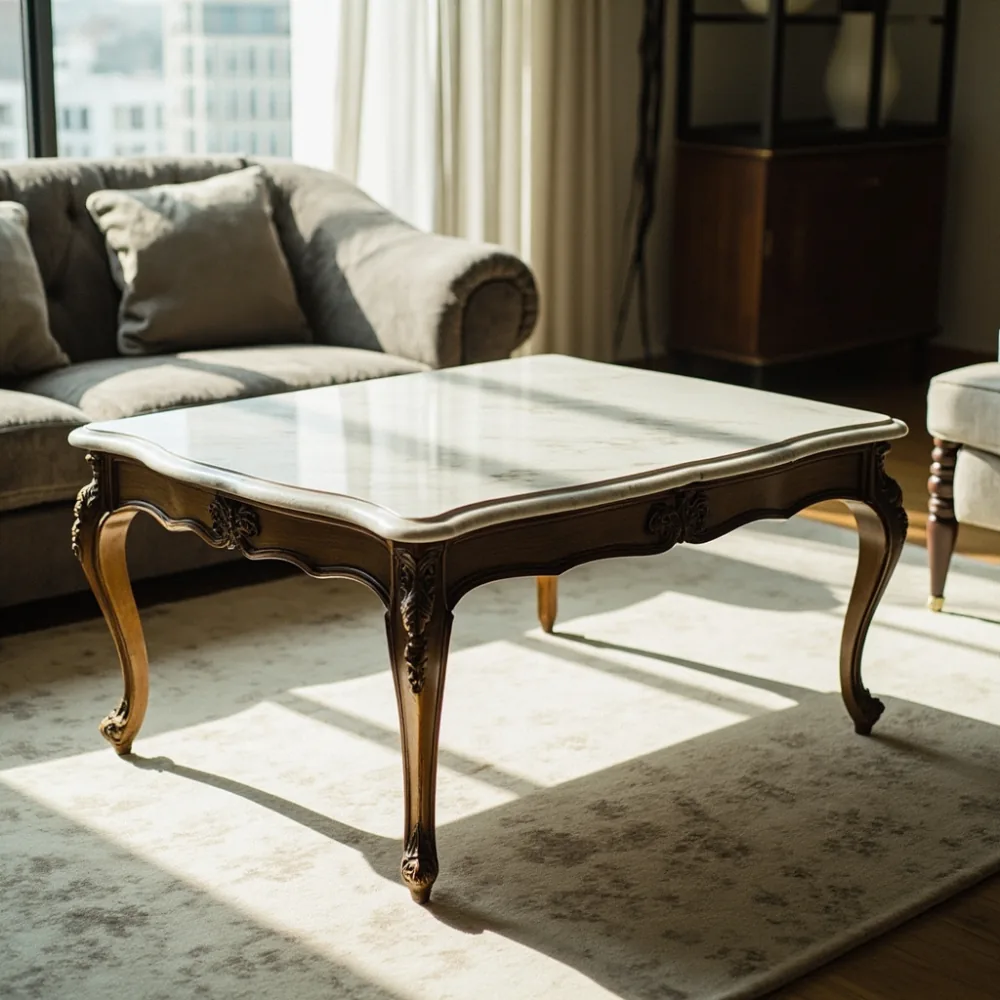 Coffee table my kayu pepejal mewah Perancis dengan pap marmar putih di kondominium Kuala Lumpur