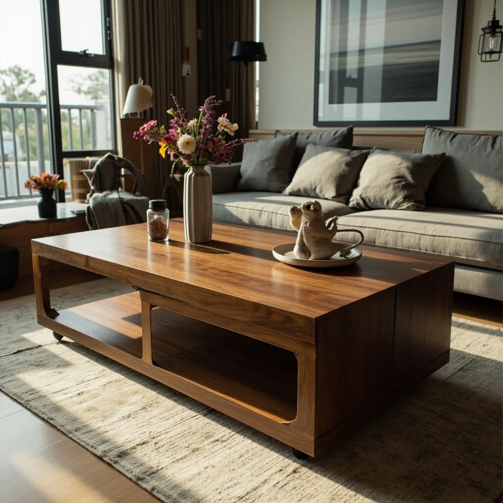 Coffee table my gaya Amerika walnut tebal di ruang tamu teres Johor Bahru