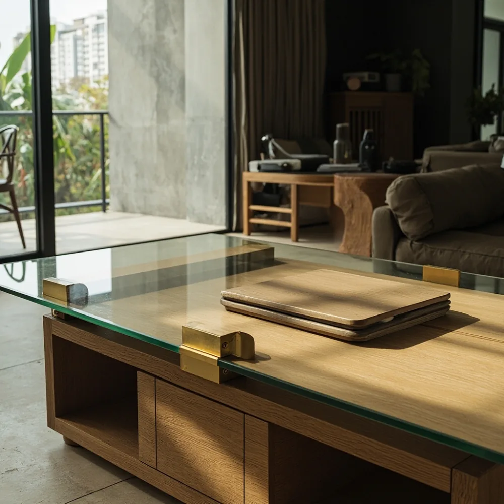 Coffee table my postmoden kayu oak dan kuningan dengan kaca terbaja di kondominium Pulau Pinang