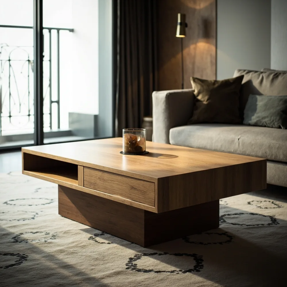 Coffee table kayu oak pepejal 120 cm dalam ruang tamu kondominium Kuala Lumpur