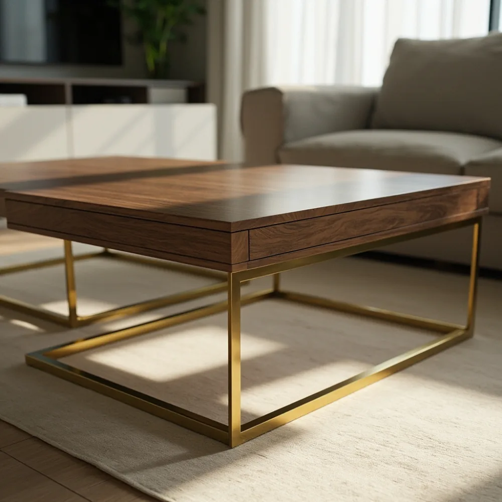 Coffee table postmoden walnut dan emas dalam kondominium Johor Bahru