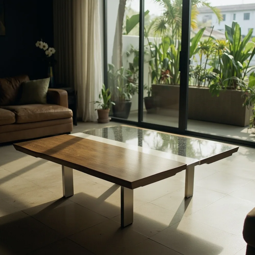 Coffee table postmoden dengan marmar di rumah teres Pulau Pinang
