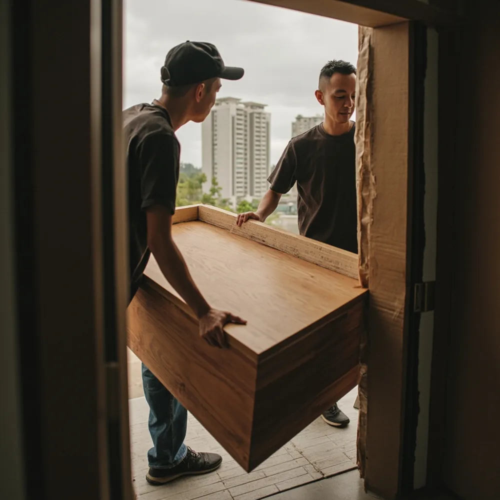 Penghantaran coffee table kayu pepejal ke kondominium Johor Bahru