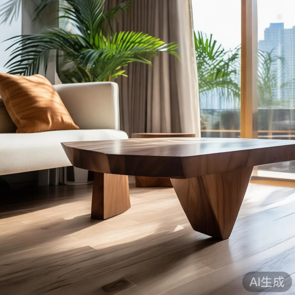 Meja kopi postmoden kayu pepejal asas asimetri bersebelahan sofa di apartmen Johor Bahru