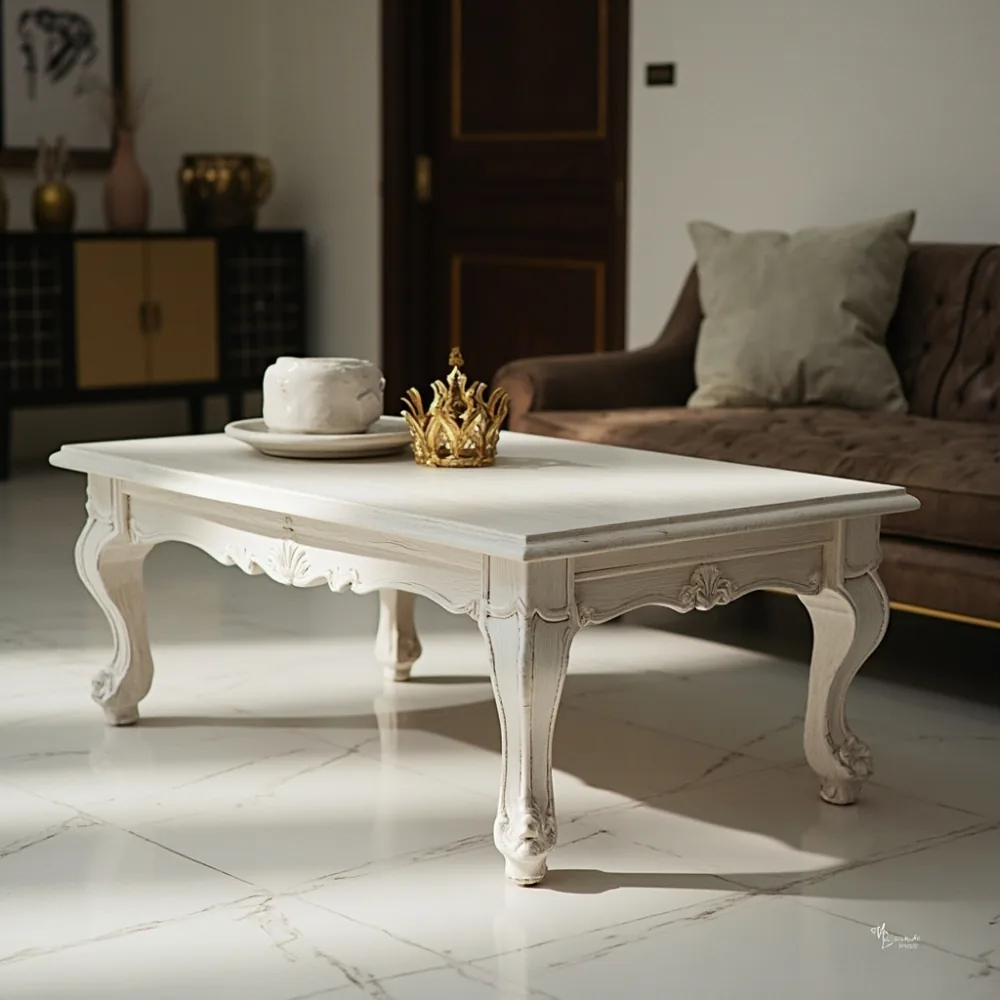 Coffee table my gaya Perancis white oak dalam ruang tamu teres Pulau Pinang