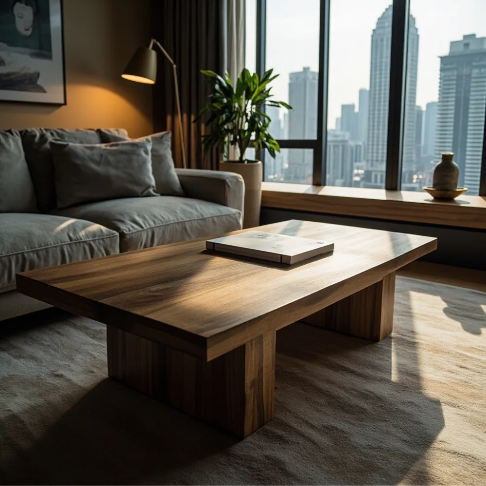 Coffee table my walnut Amerika dalam ruang tamu kondominium Kuala Lumpur