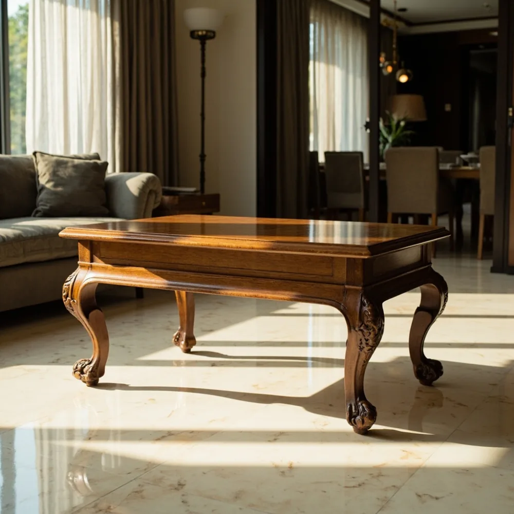 Coffee table my mewah Perancis kayu pepejal di kondominium Kuala Lumpur dengan kemasan lacquer piano hitam