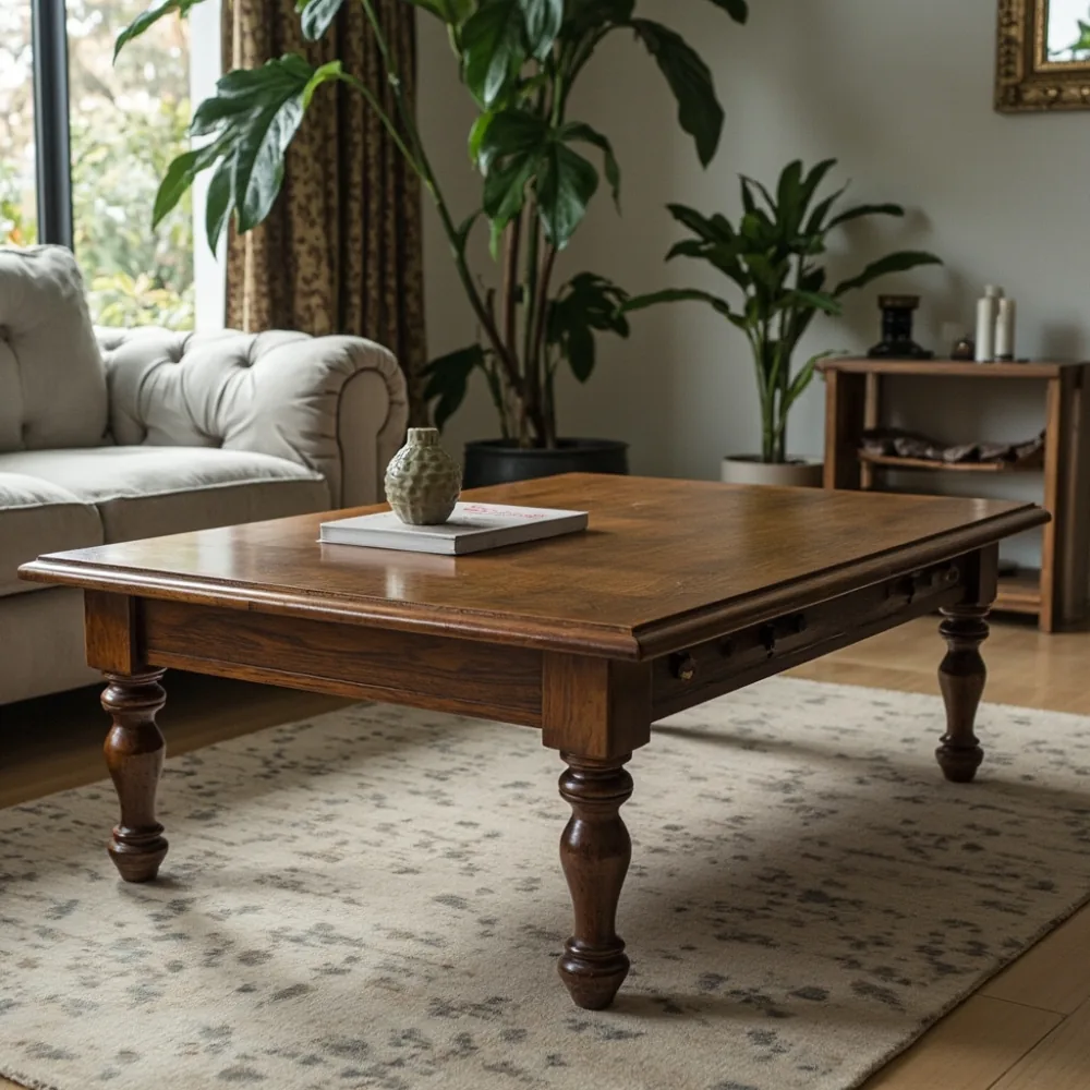 Coffee table my kayu walnut solid gaya Amerika di ruang tamu teres Johor Bahru dengan pencahayaan semula jadi