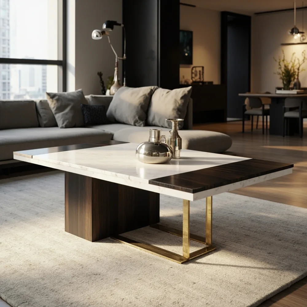 Coffee table postmoden marmar dan kayu walnut di kondominium Pulau Pinang