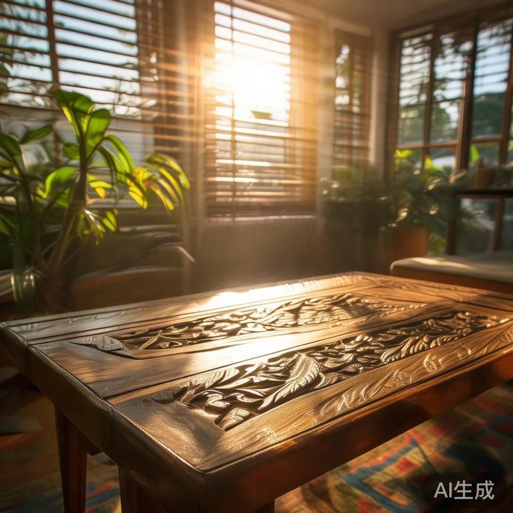 Cara Kelembapan Asia Tenggara Mempengaruhi Perabot Kayu Pepejal di Kon — in a sunlit Singapore HDB living room, morning l
