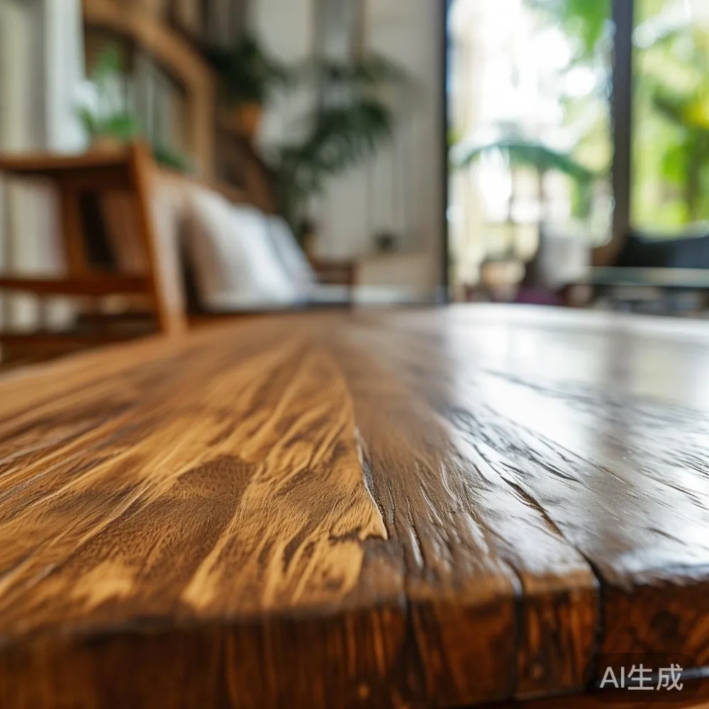 Cara Menjaga Permukaan Lada Meja Kopi di Iklim Tropika Malaysia — Pand — close-up of the grain and joinery detail, shallo