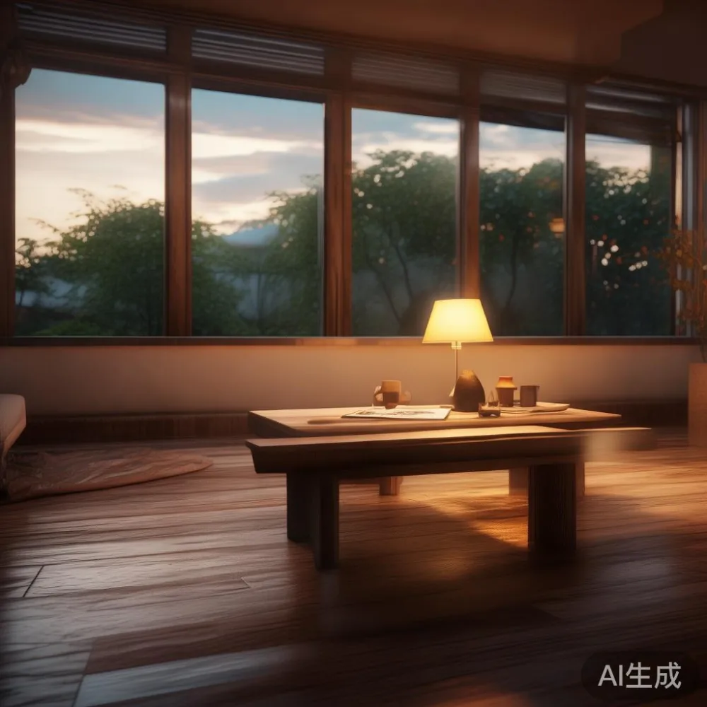 Cara Padankan Perabot dengan Ruang Dalaman Minimalis Hangat di Rumah M — room setting at dusk with warm lamp light, film 