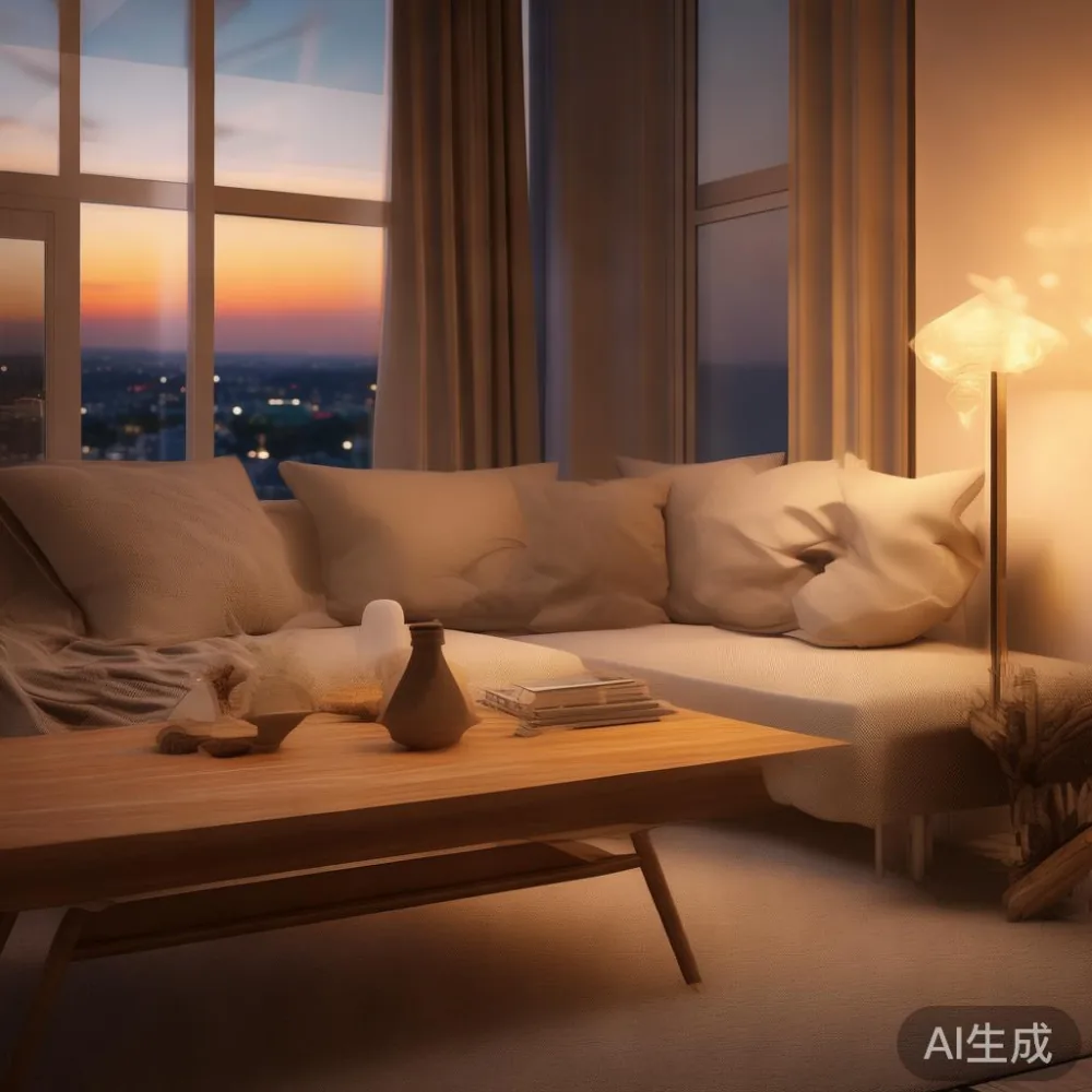 Cara Padankan Perabot Kayu Pepejal dengan Hangat Minimal di Kondominiu — room setting at dusk with warm lamp light, film 