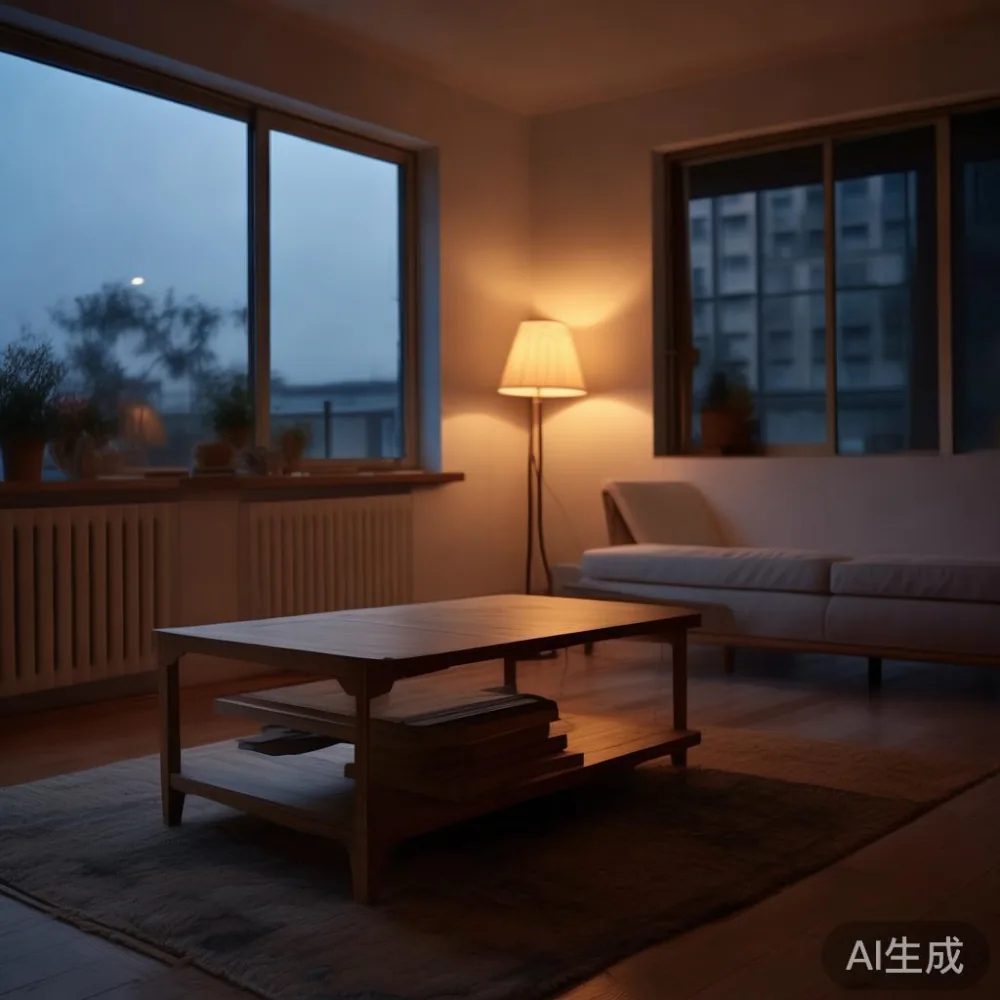Cara Memadankan Coffee Table My kepada Interior Minimal Hangat di Mala — room setting at dusk with warm lamp light, film