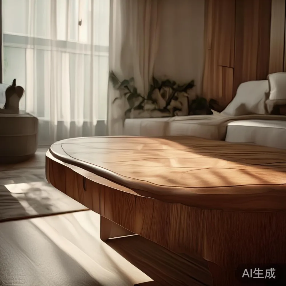 Solid wood coffee table — in a sunlit condominium living room, sheer curtains, morning light
