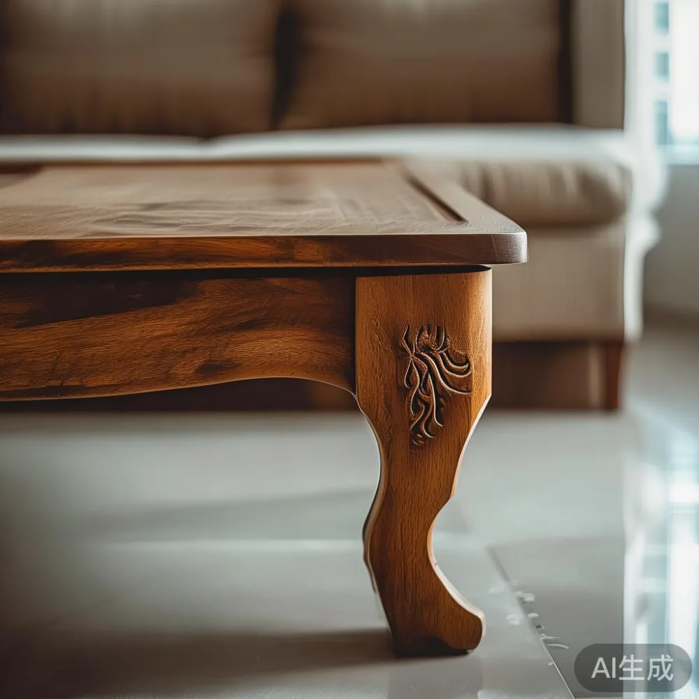 Solid wood coffee table — close-up of the wood grain and leg joinery, shallow depth of field