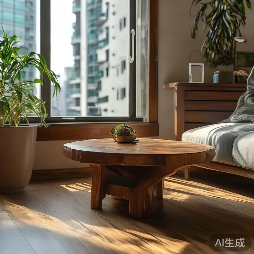 Solid wood coffee table — corner of a compact apartment with timber floor and a potted plant
