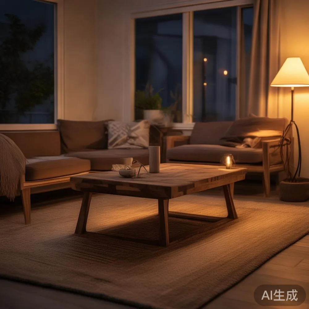 Panduan Memilih Saiz Coffee Table My untuk Ruang Tamu HDB dan Kondomin — room setting at dusk with warm lamp light, film 