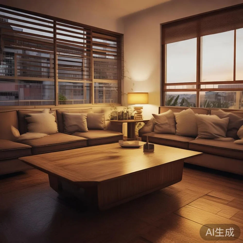 Cara Pilih Saiz Coffee Table yang Tepat untuk Ruang Tamu HDB Singapura — room setting at dusk with warm lamp light, film