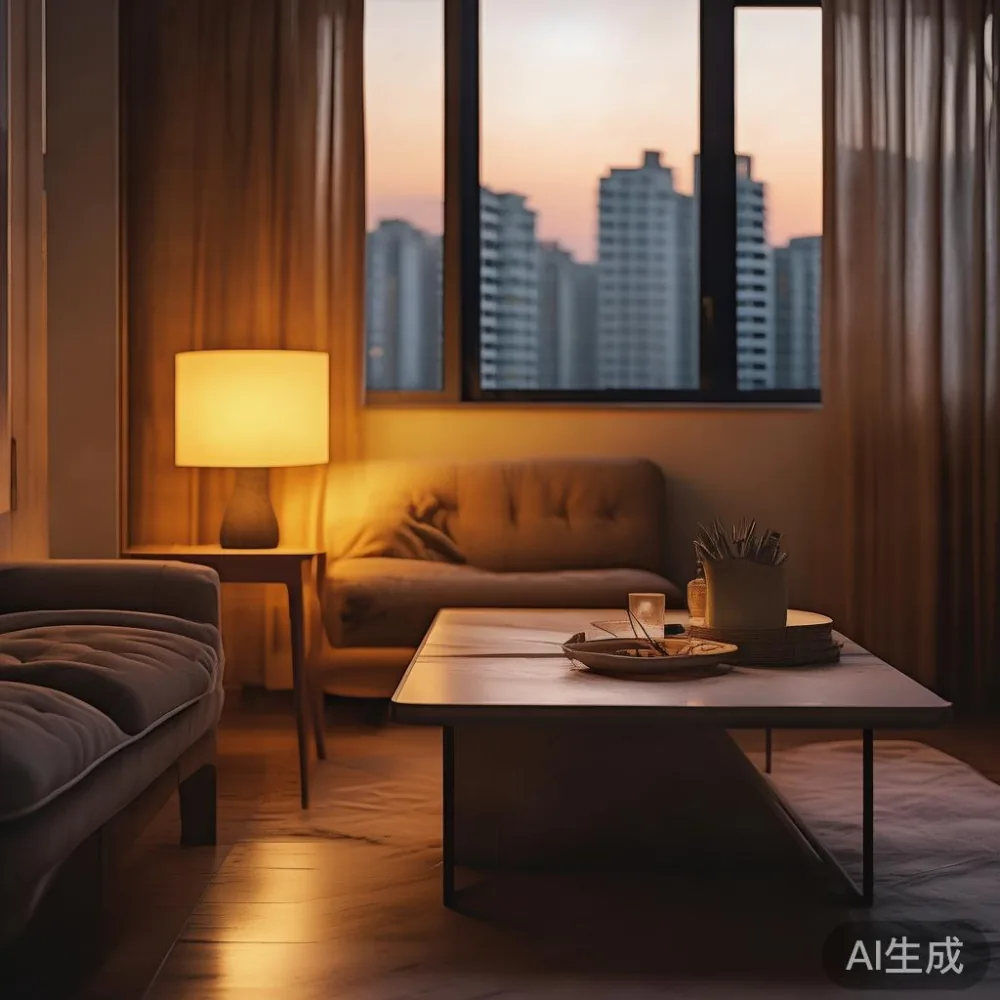 Menata Kondominium Kecil Anda: Rahsia Ruang Tamu Lega dengan Coffee Ta — room setting at dusk with warm lamp light, film 