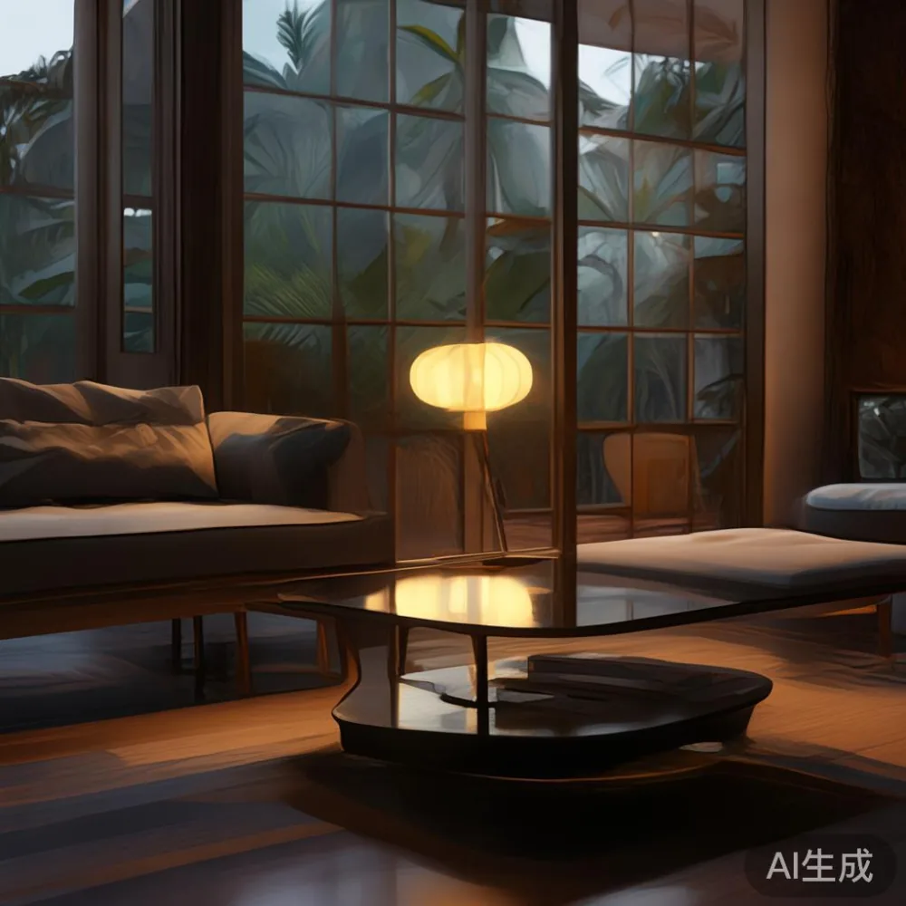 Merawat coffee table my Berlacquer dalam Iklim Tropika Malaysia — room setting at dusk with warm lamp light, film 