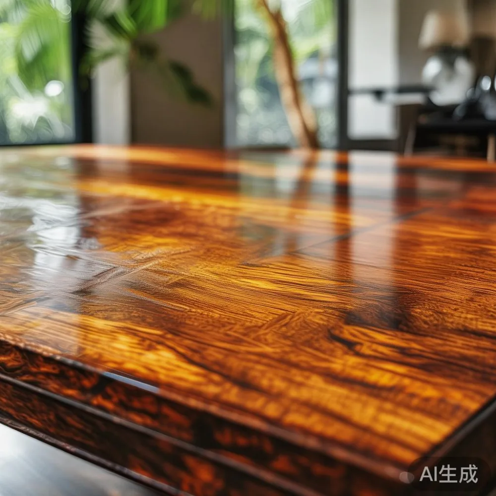 Merawat coffee table my Berlacquer dalam Iklim Tropika Malaysia — close-up of the grain and joinery detail, shallo