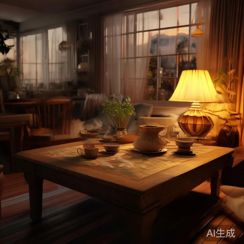 Cara Menjaga Meja Kopi dan Perabot Lakuer di Iklim Lembap Malaysia — room setting at dusk with warm lamp light, film 